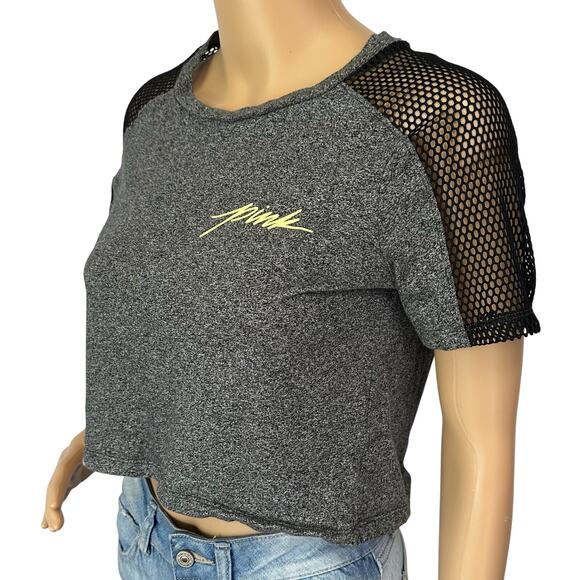 2/$15 Pink Victoria's Secret Fishnet Shoulder Crop Top Gray Short Sleeve Size XS - Picture 4 of 12